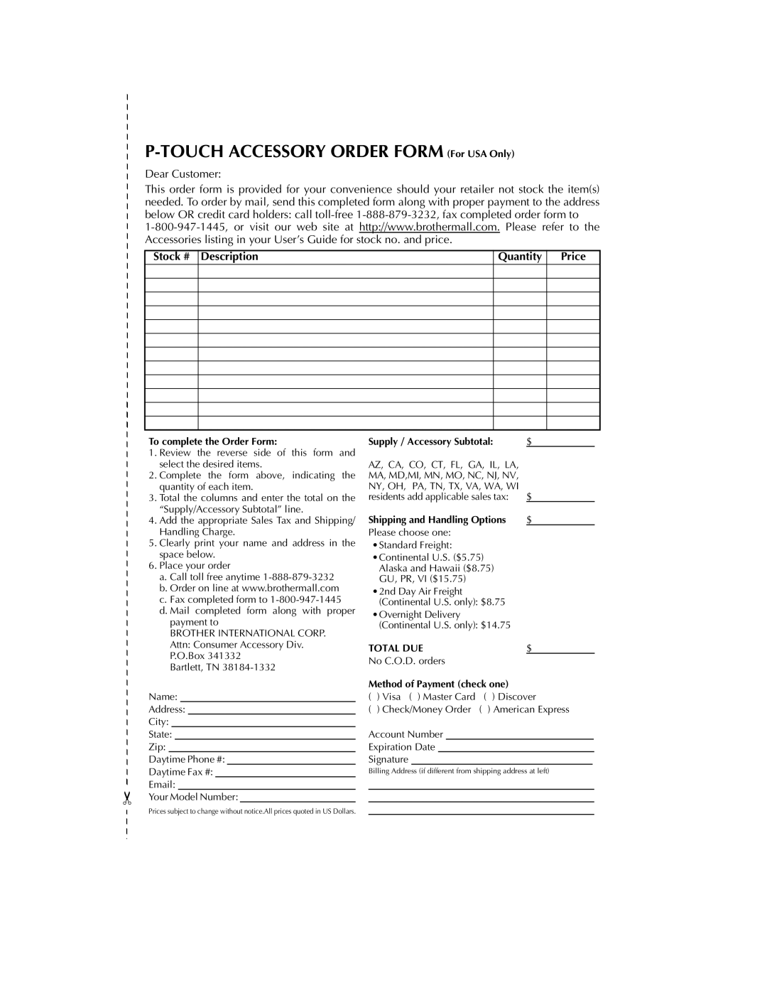 Brother PT-2300 manual Touch Accessory Order Form For USA Only, Stock # Description Quantity Price 