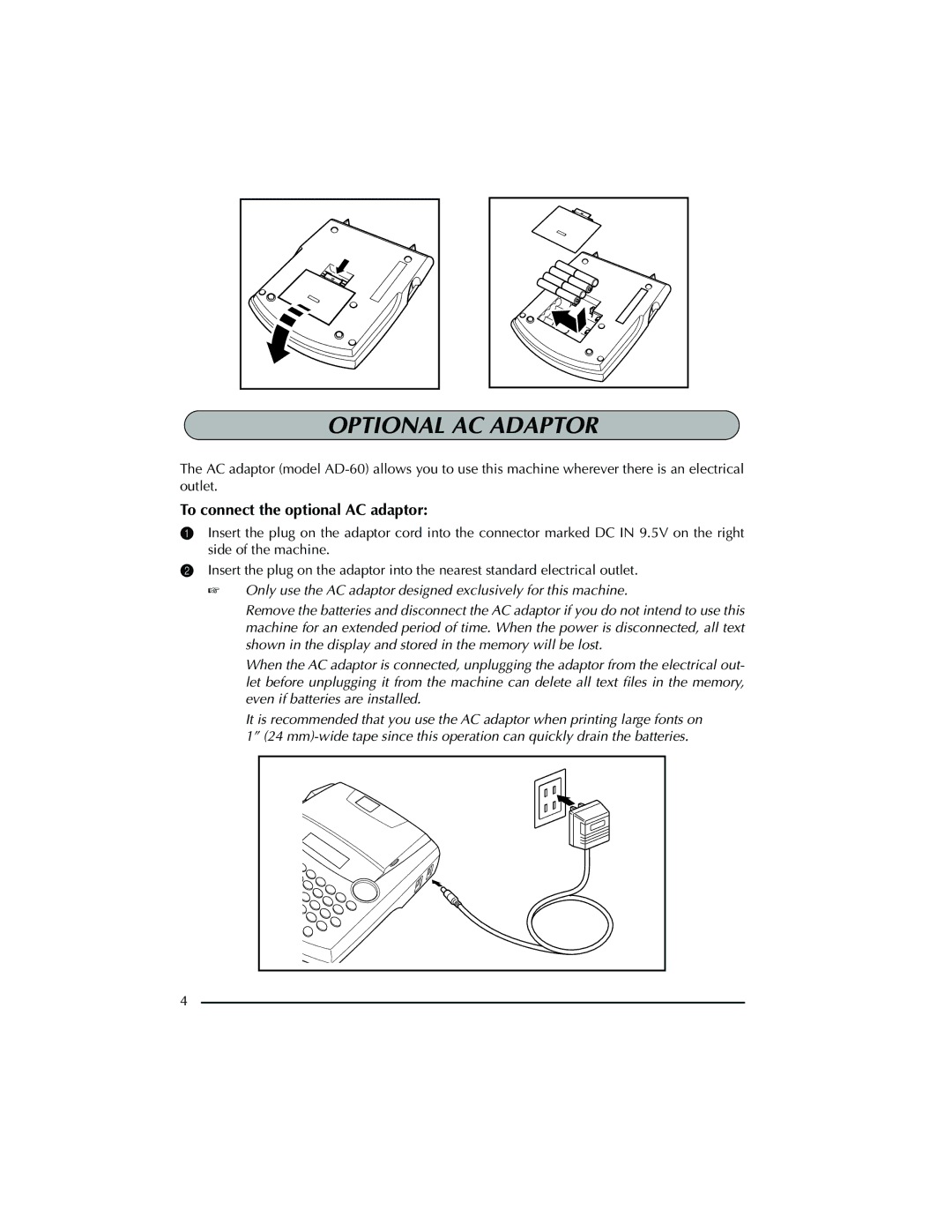 Brother PT-2300 manual Optional AC Adaptor, To connect the optional AC adaptor 