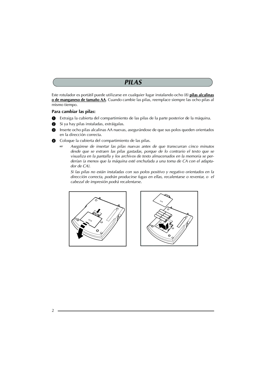 Brother PT-2300 manual Pilas, Para cambiar las pilas 