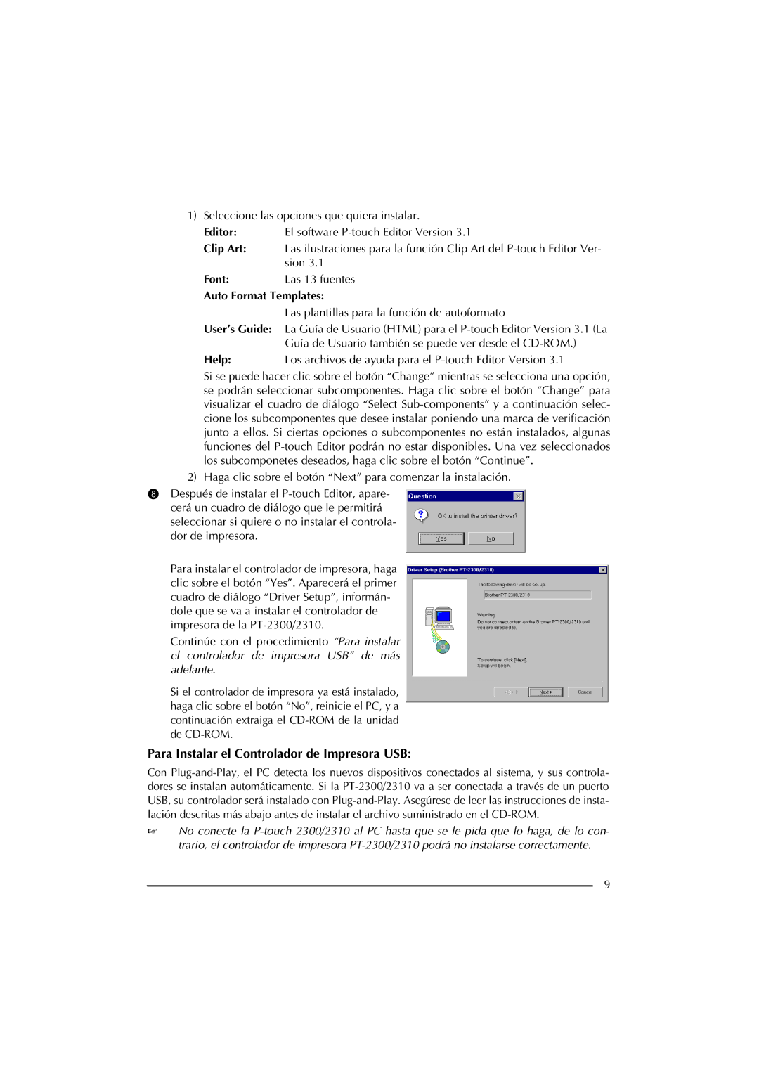 Brother PT-2300 manual Para Instalar el Controlador de Impresora USB, Las plantillas para la función de autoformato 