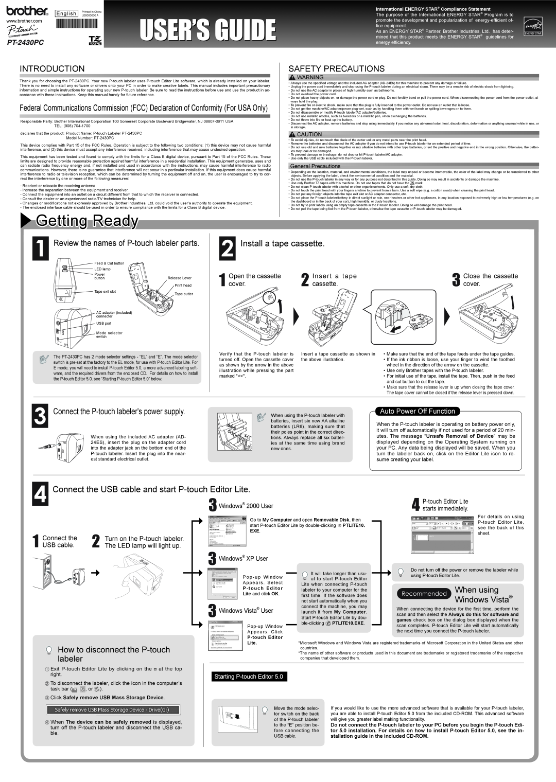 Brother PT-2430PC manual User’S Guide, Getting Ready, Introduction, Safety Precautions, Install a tape cassette 