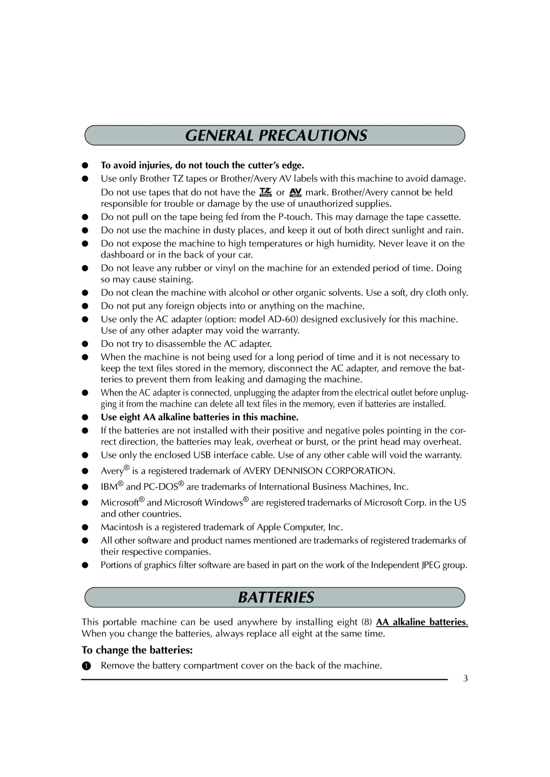 Brother PT-2600 manual Batteries, Use eight AA alkaline batteries in this machine 