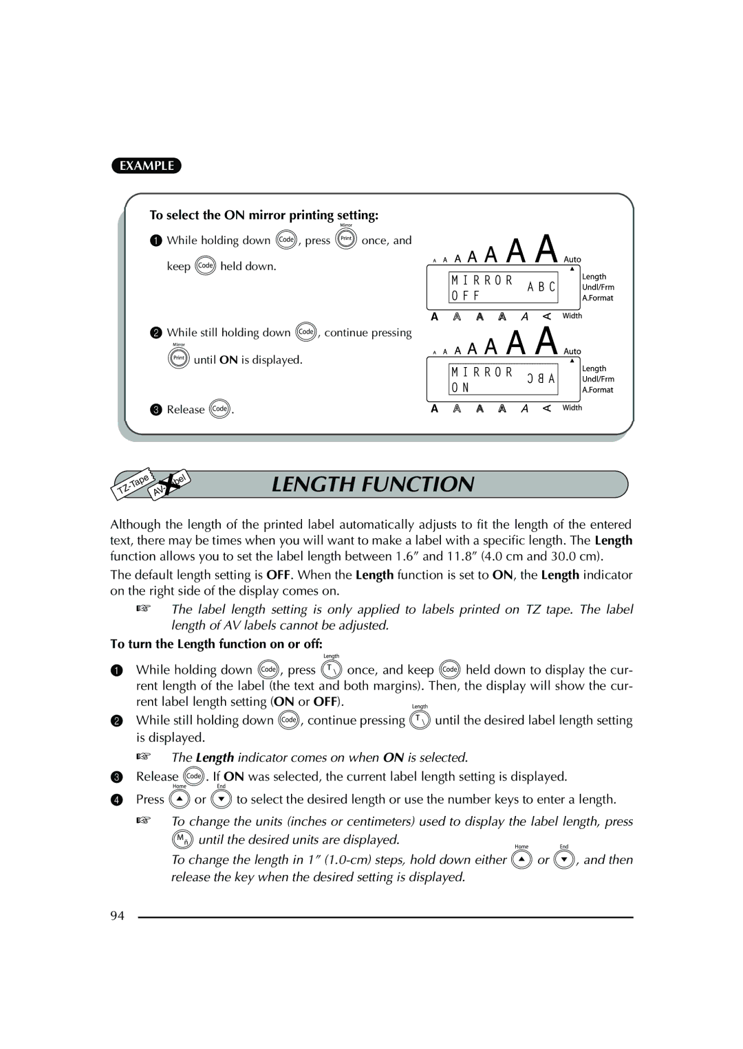 Brother PT-2600 manual Length Function, To select the on mirror printing setting, To turn the Length function on or off 