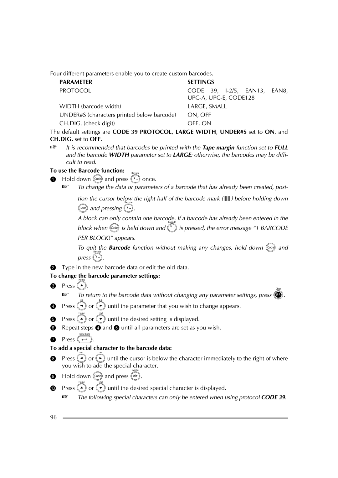 Brother PT-2600 manual To use the Barcode function, To change the barcode parameter settings 