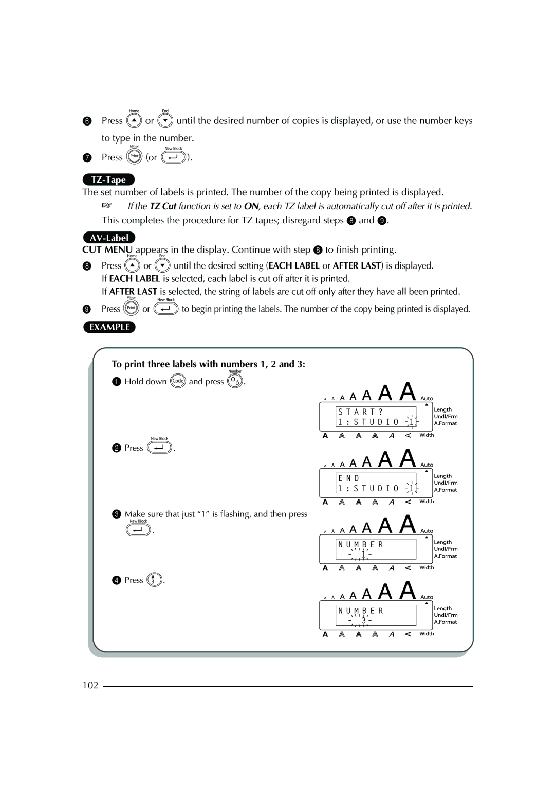 Brother PT-2600 manual To print three labels with numbers 1, 2, 102 