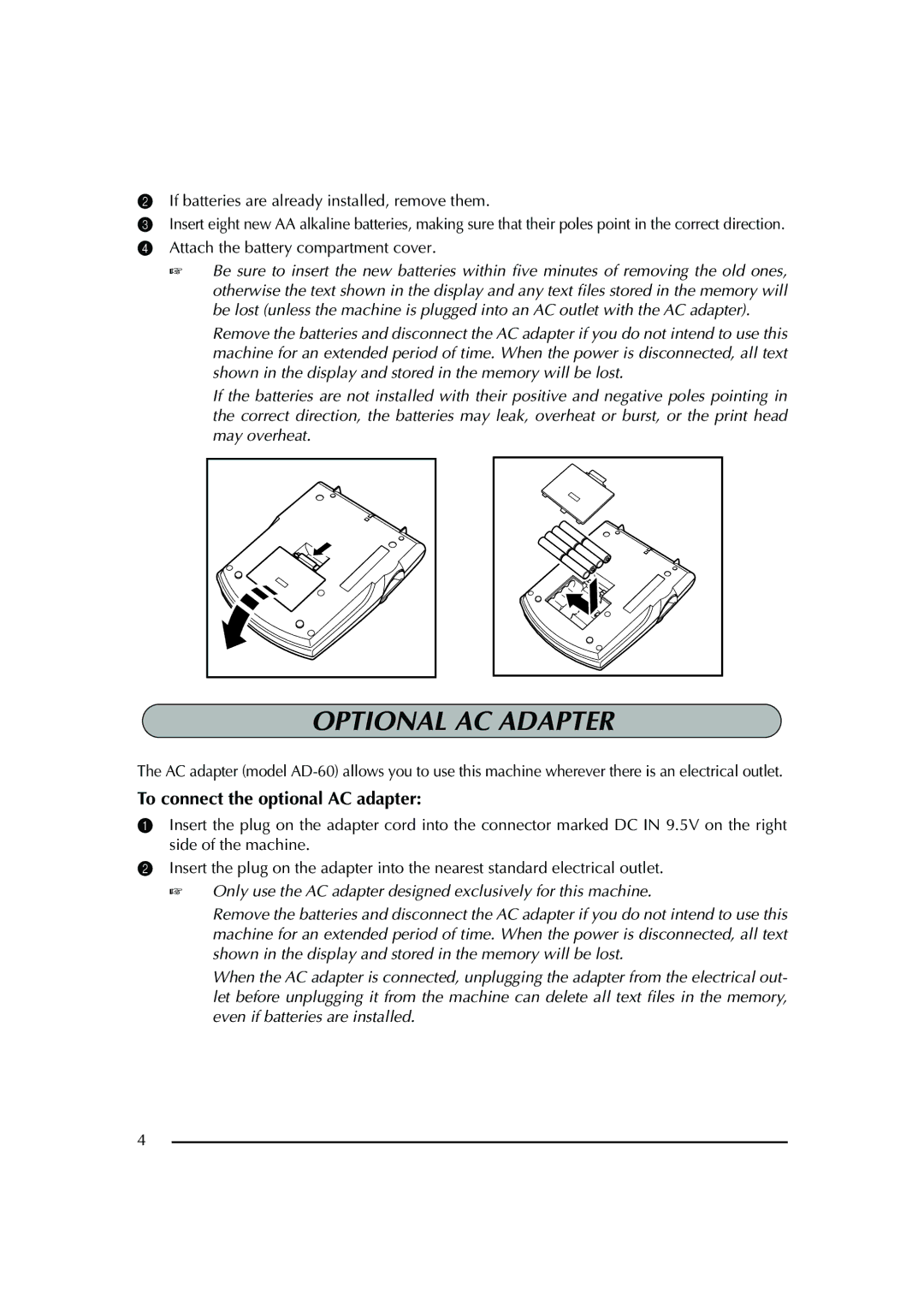 Brother PT-2600 Optional AC Adapter, If batteries are already installed, remove them, Attach the battery compartment cover 