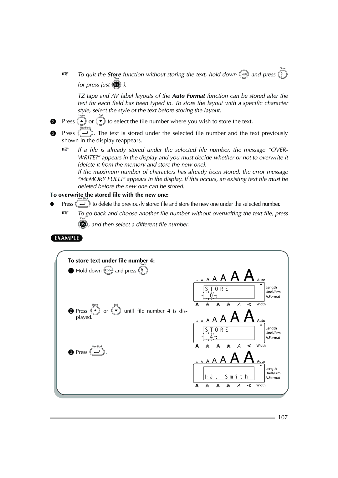 Brother PT-2600 manual To overwrite the stored file with the new one, 107 