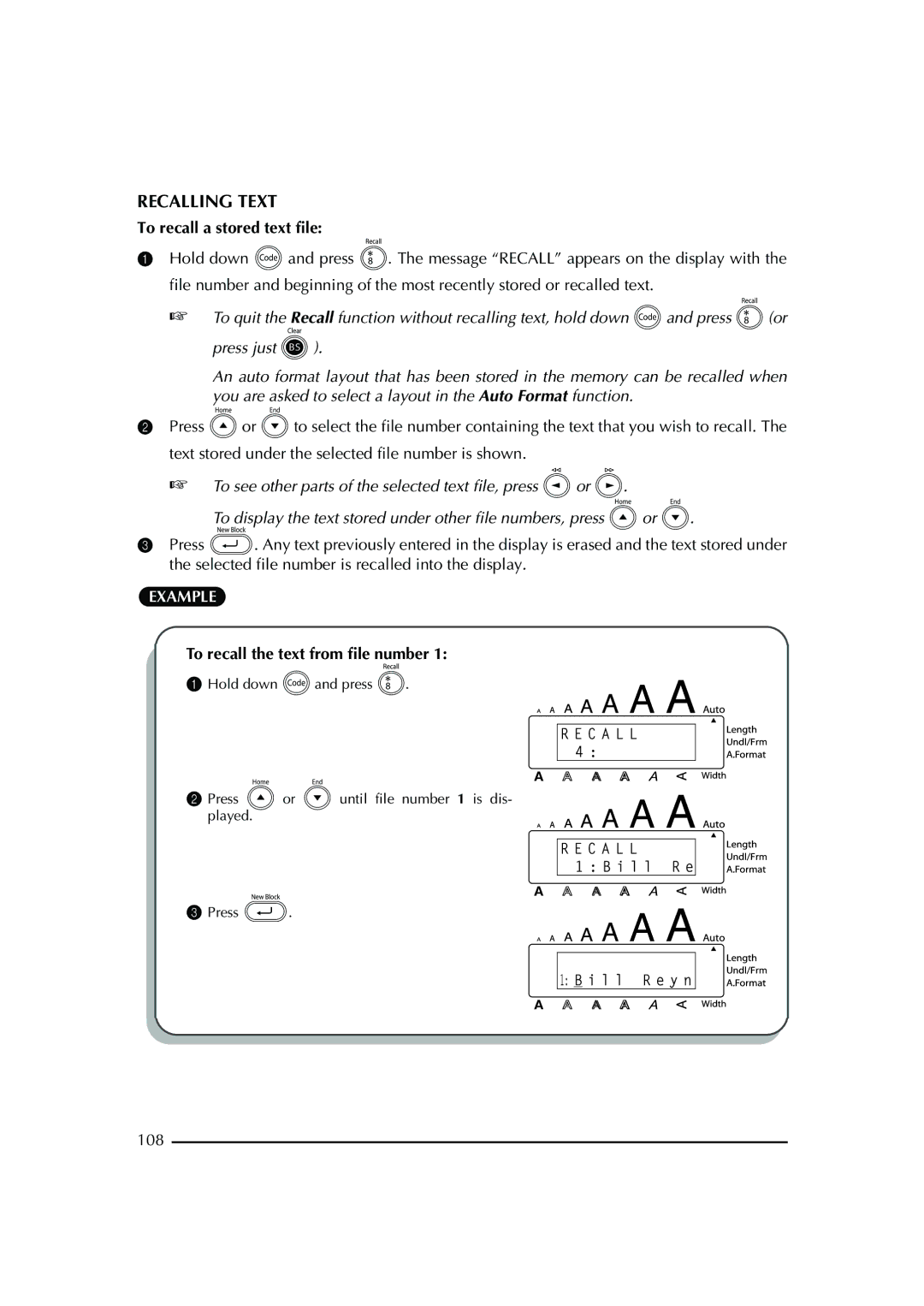 Brother PT-2600 manual Recalling Text, To recall a stored text file, 108 