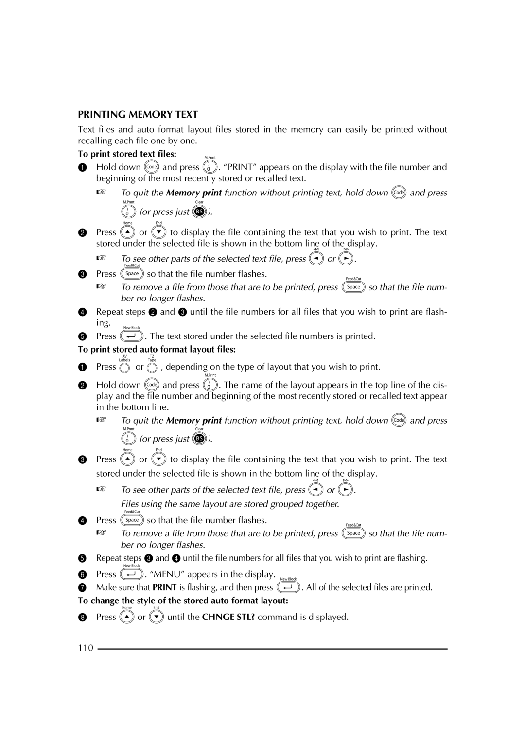 Brother PT-2600 manual Printing Memory Text, To print stored text files, To print stored auto format layout files 