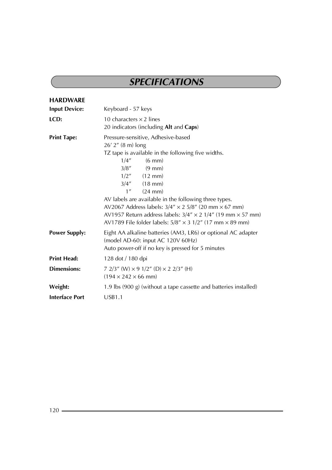 Brother PT-2600 manual Specifications, Hardware 