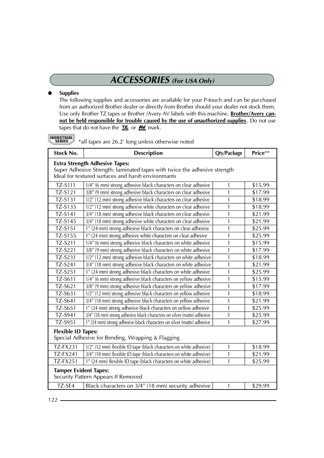 Brother PT-2600 manual Supplies, Stock No Description, Price, Extra Strength Adhesive Tapes, Flexible ID Tapes 