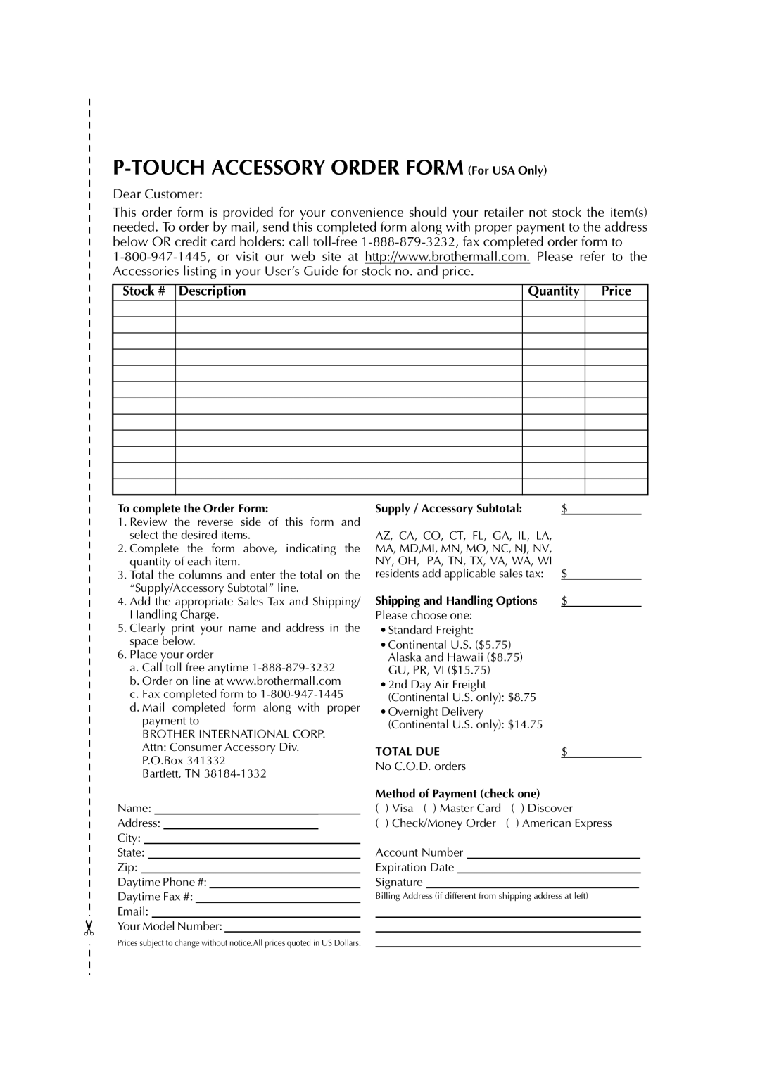 Brother PT-2600 manual Touch Accessory Order Form For USA Only 