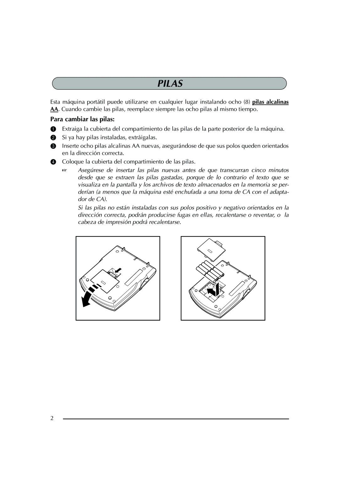 Brother PT-2600 manual Pilas, Para cambiar las pilas 