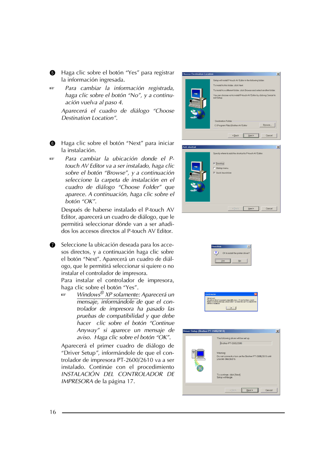 Brother PT-2600 manual Instalación DEL Controlador DE Impresora de la página 