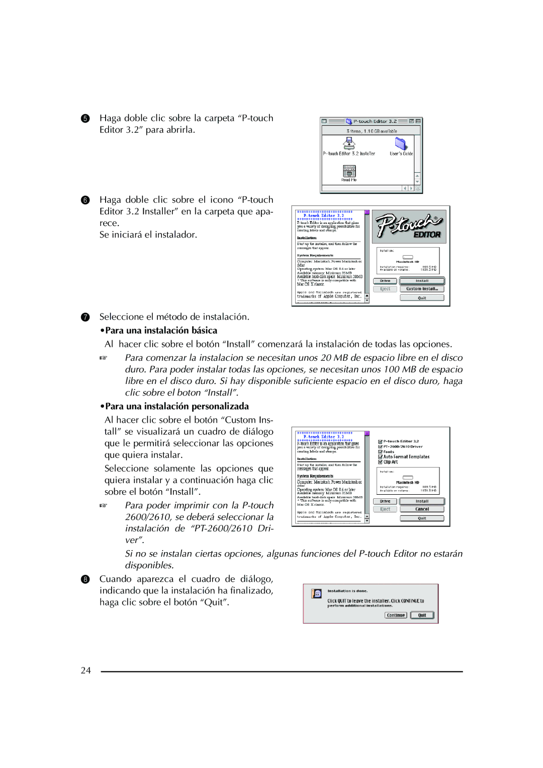 Brother PT-2600 manual Para una instalación básica, Para una instalación personalizada 