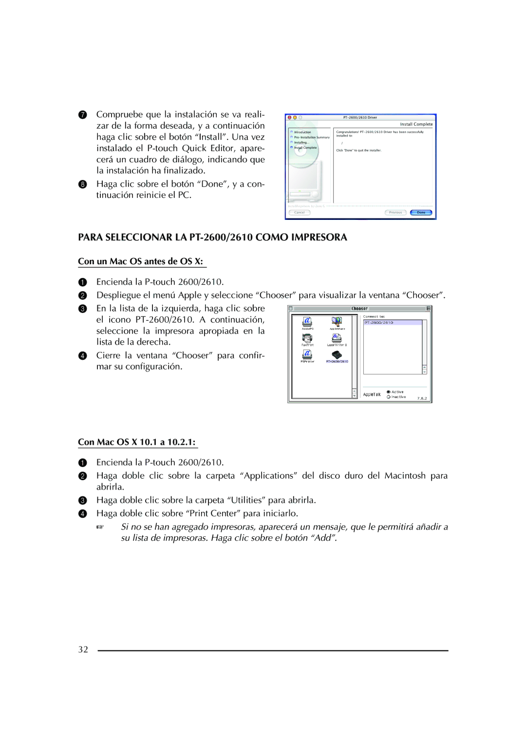 Brother manual Para Seleccionar LA PT-2600/2610 Como Impresora, Con un Mac OS antes de OS 