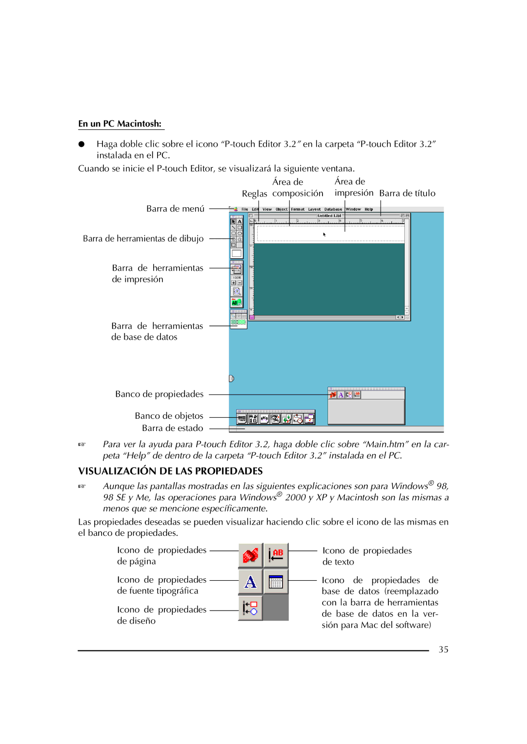 Brother PT-2600 manual Visualización DE LAS Propiedades, En un PC Macintosh, Barra de menú, De impresión Barra 