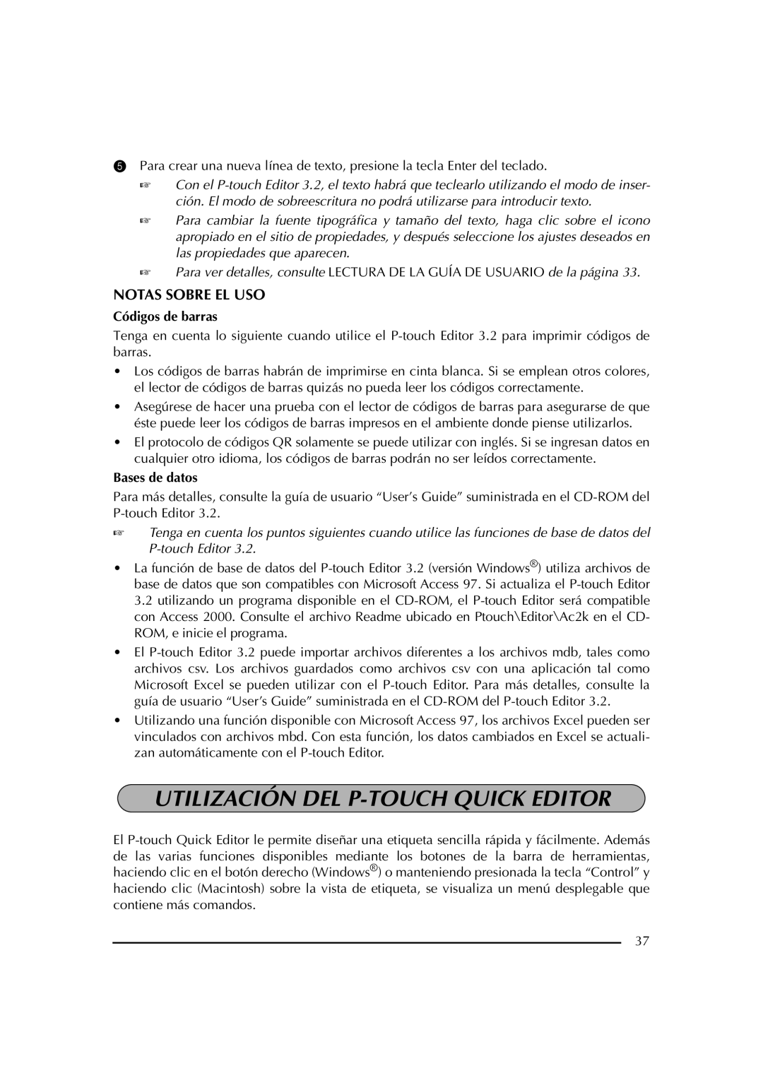 Brother PT-2600 manual Utilización DEL P-TOUCH Quick Editor, Notas Sobre EL USO, Códigos de barras, Bases de datos 