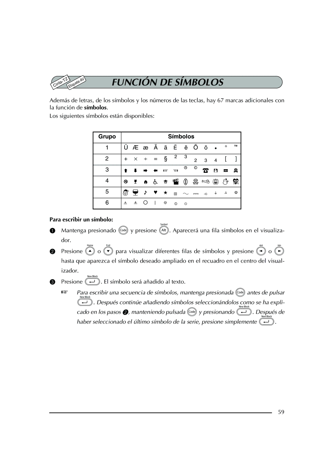 Brother PT-2600 manual Función DE Símbolos, Para escribir un símbolo 