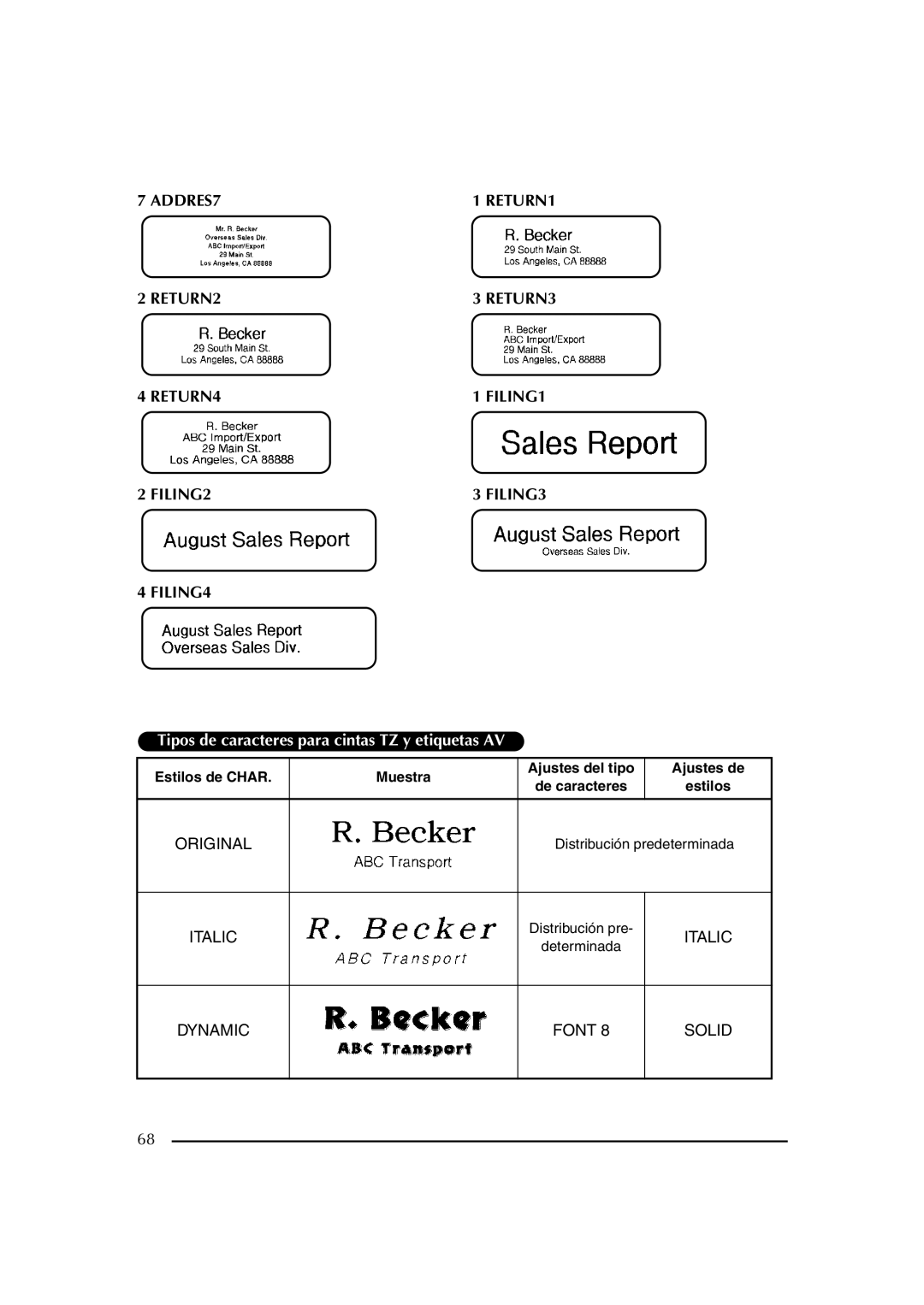 Brother PT-2600 manual Tipos de caracteres para cintas TZ y etiquetas AV 