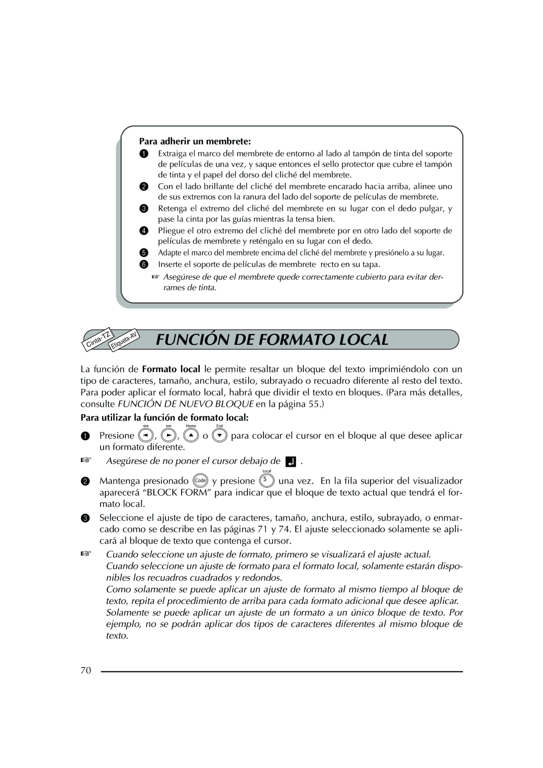 Brother PT-2600 manual Función DE Formato Local, Para adherir un membrete, Para utilizar la función de formato local 