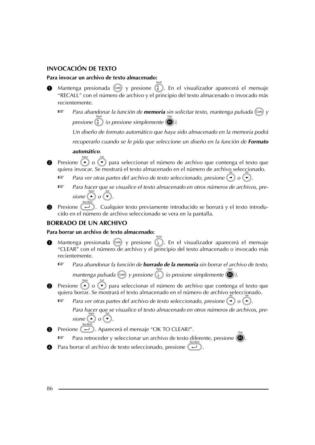 Brother PT-2600 manual Invocación DE Texto, Borrado DE UN Archivo, Para invocar un archivo de texto almacenado 