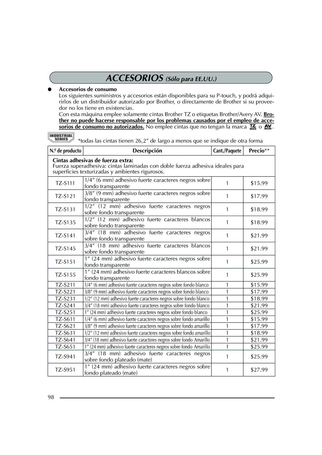 Brother PT-2600 manual Accesorios de consumo, Descripción, Precio, Cintas adhesivas de fuerza extra 