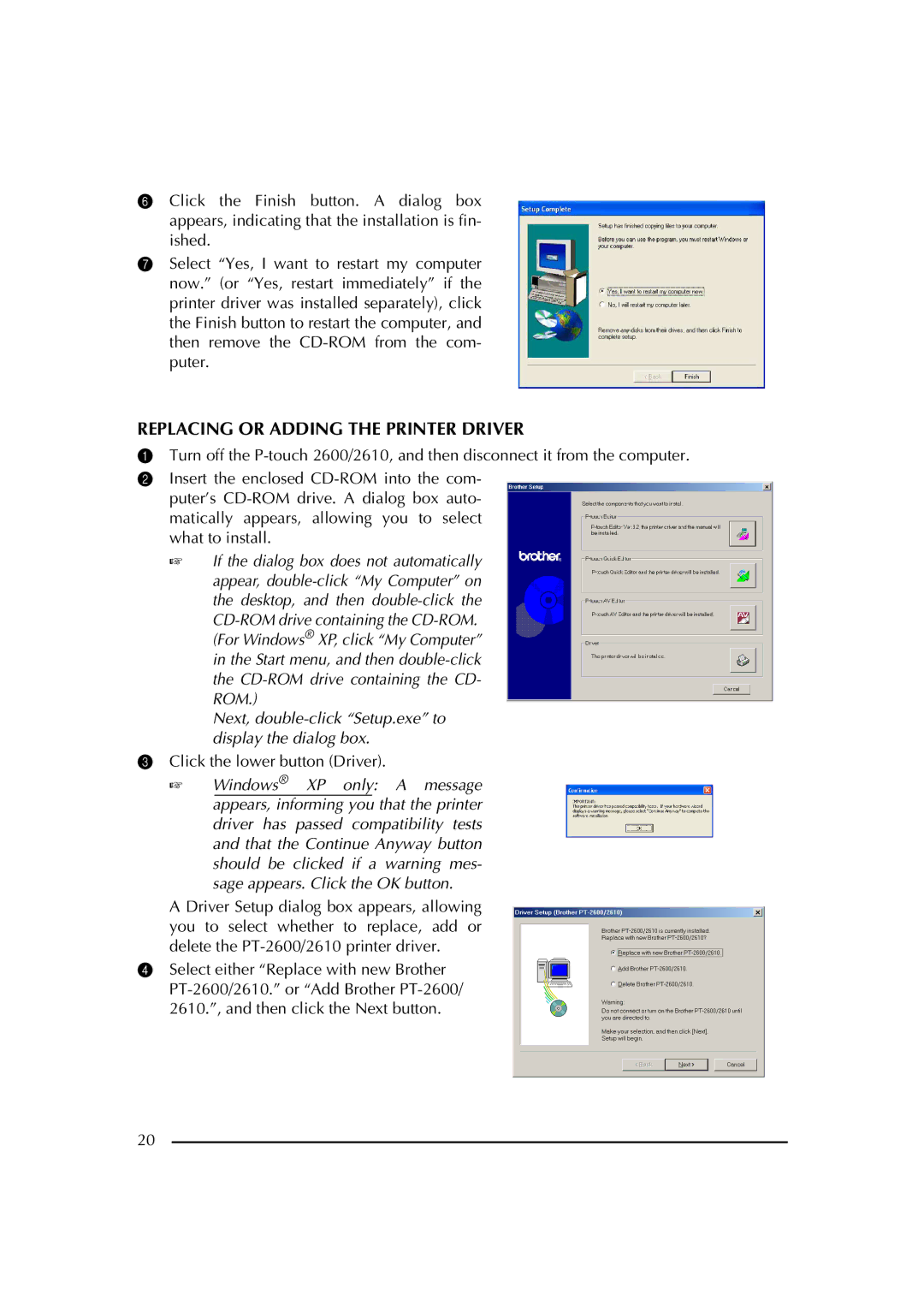 Brother PT-2600 manual Replacing or Adding the Printer Driver, Click the lower button Driver 