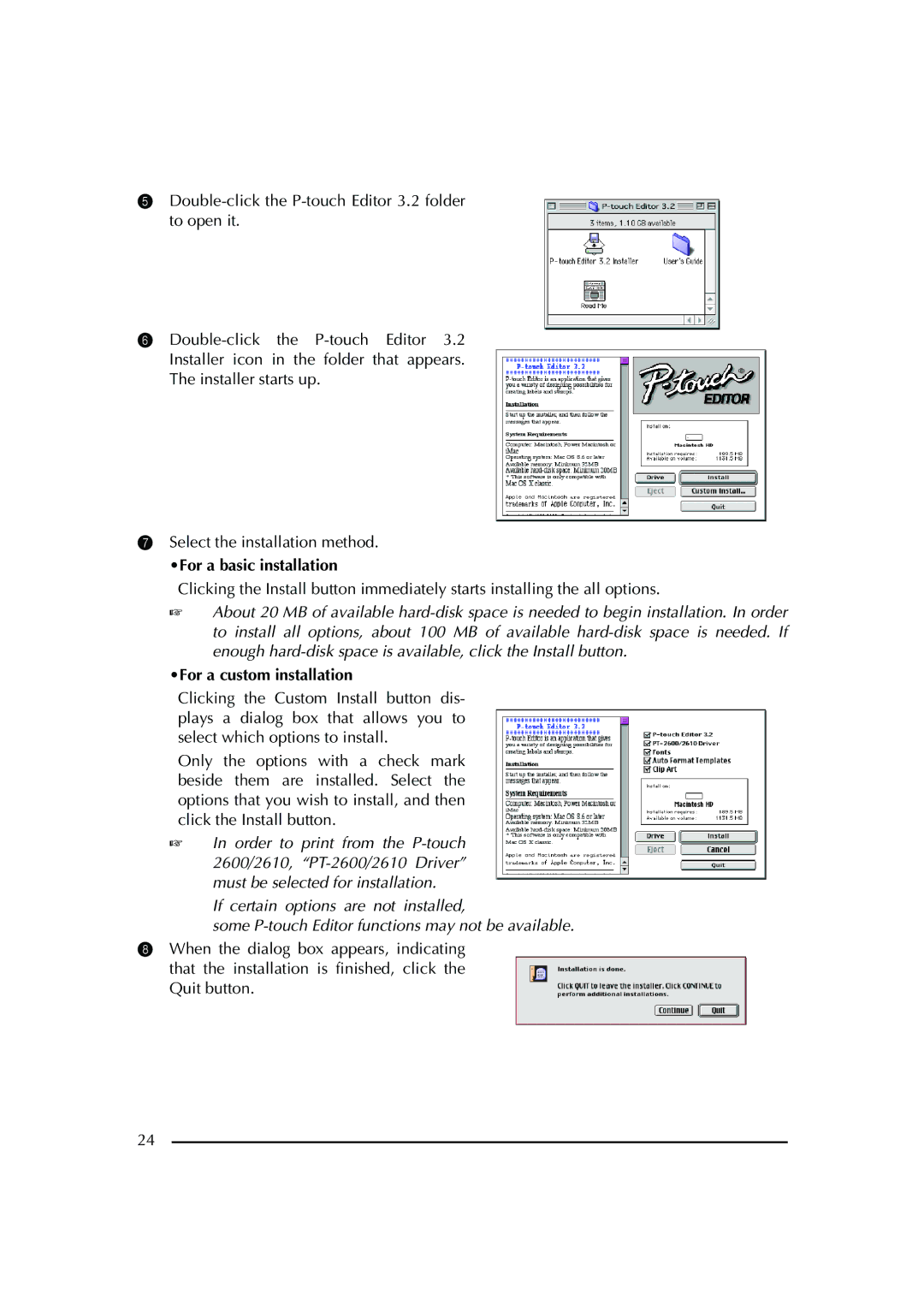 Brother PT-2600 manual For a basic installation, For a custom installation 