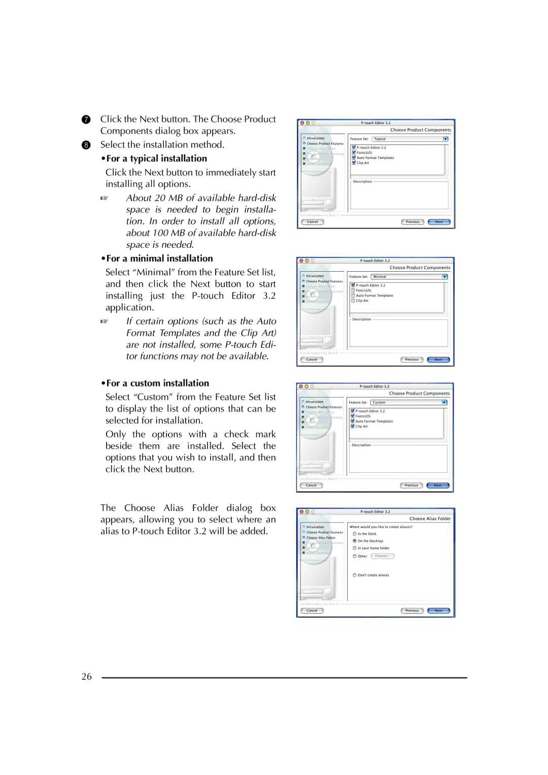 Brother PT-2600 manual For a typical installation, For a minimal installation 