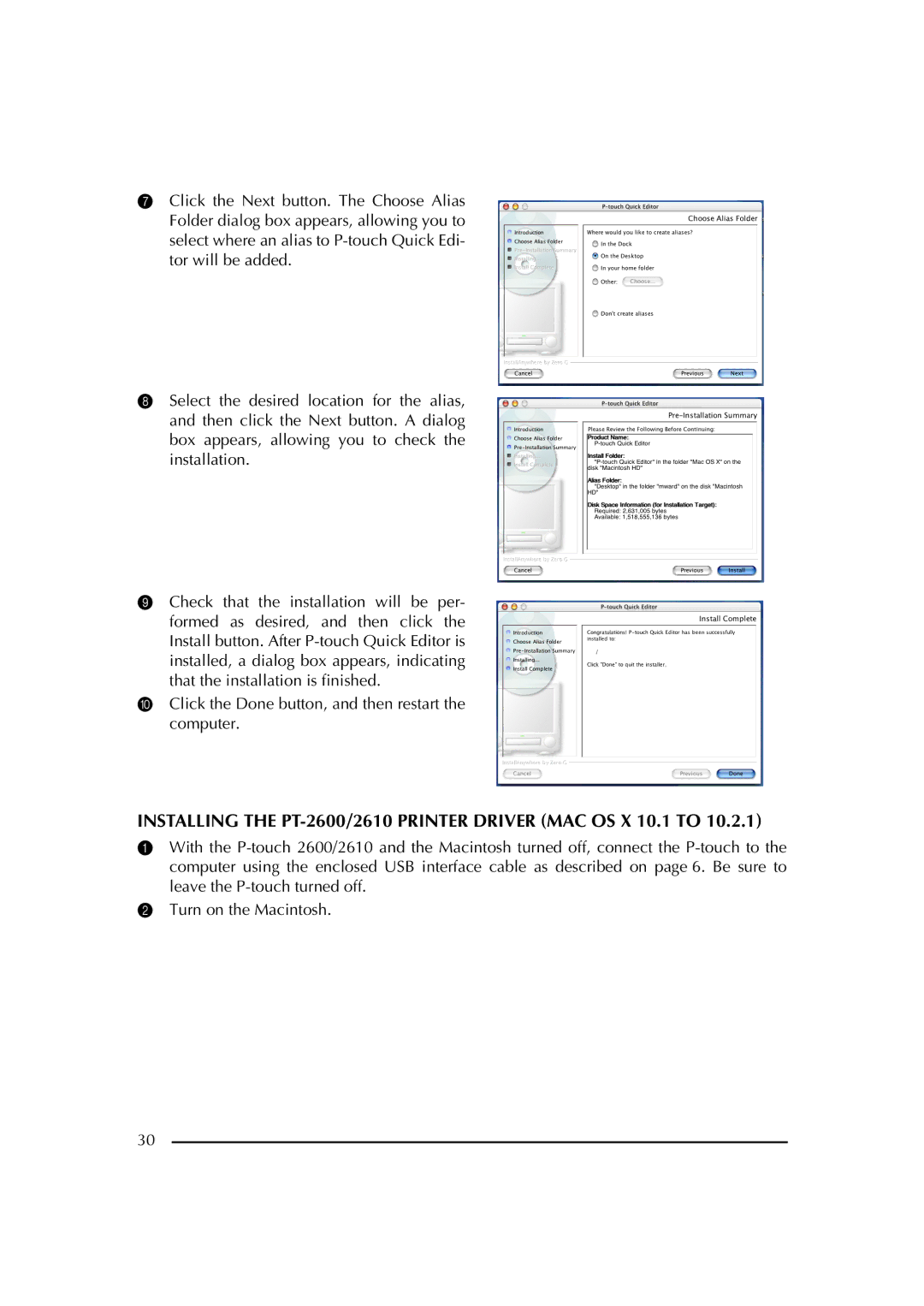 Brother manual Installing the PT-2600/2610 Printer Driver MAC OS X 10.1 to 