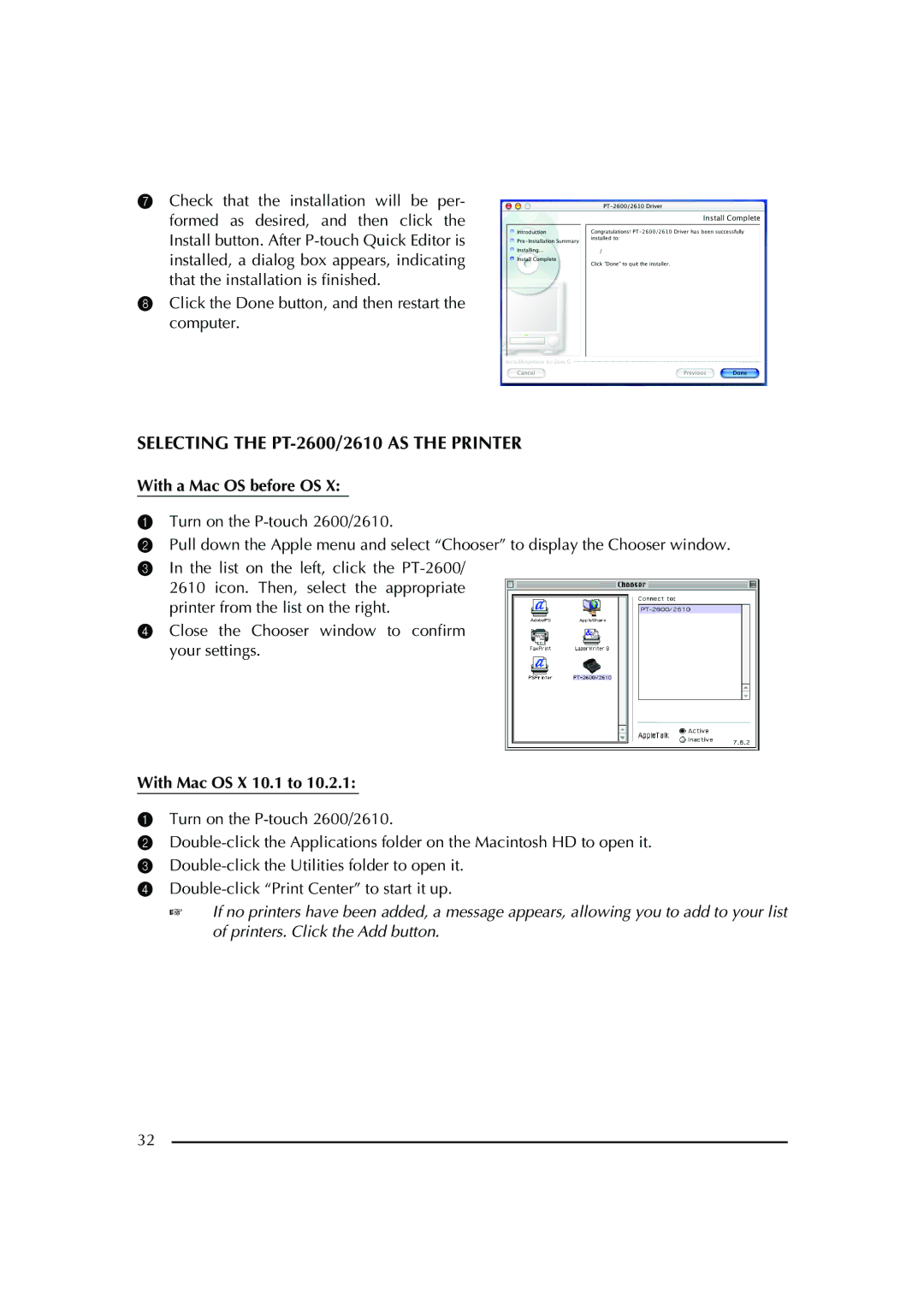 Brother manual Selecting the PT-2600/2610 AS the Printer, With a Mac OS before OS 