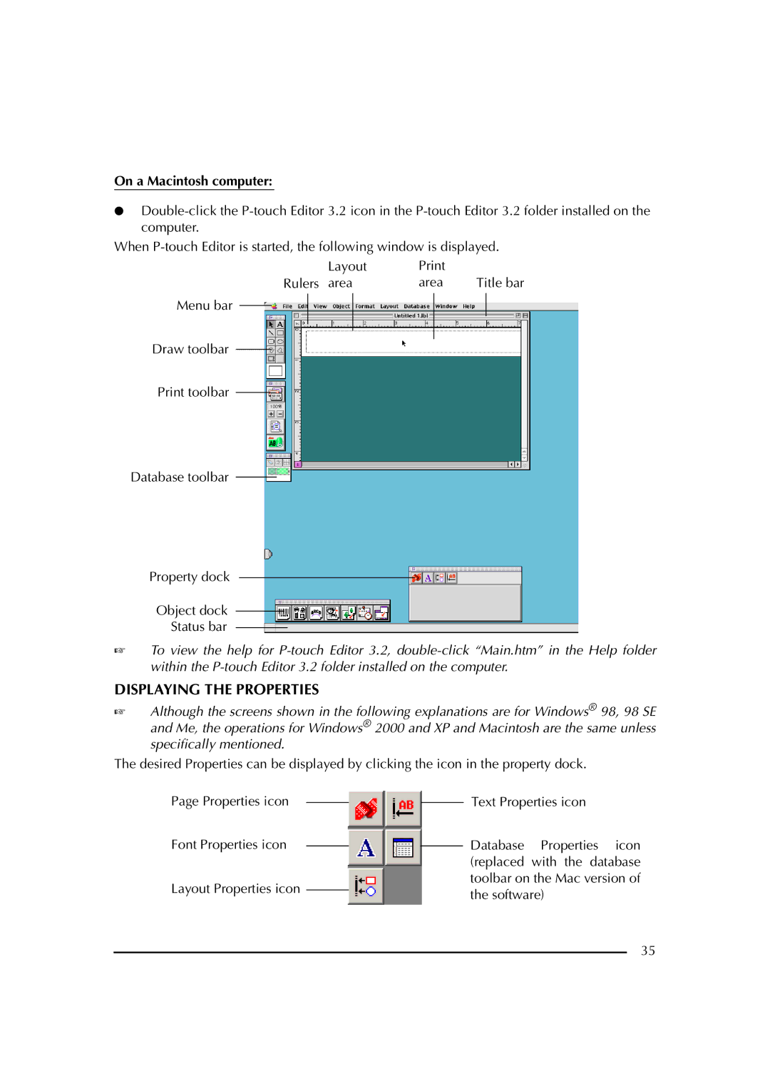 Brother PT-2600 manual Displaying the Properties, On a Macintosh computer 