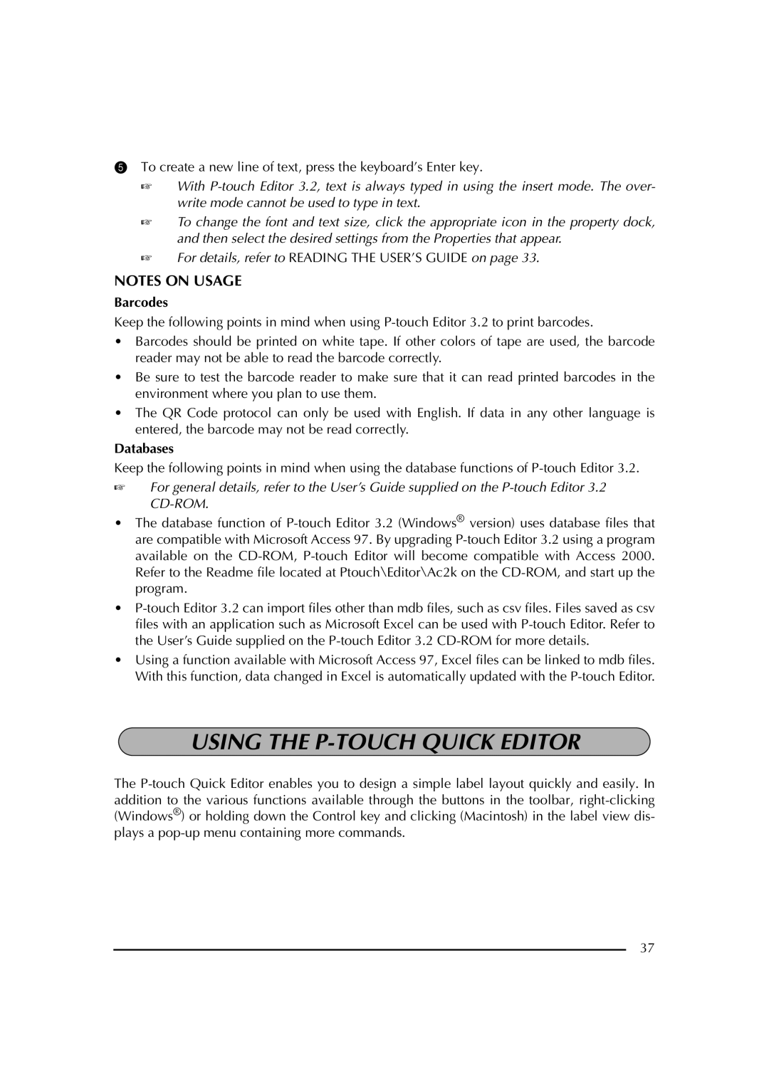 Brother PT-2600 manual Using the P-TOUCH Quick Editor, Barcodes, Databases 