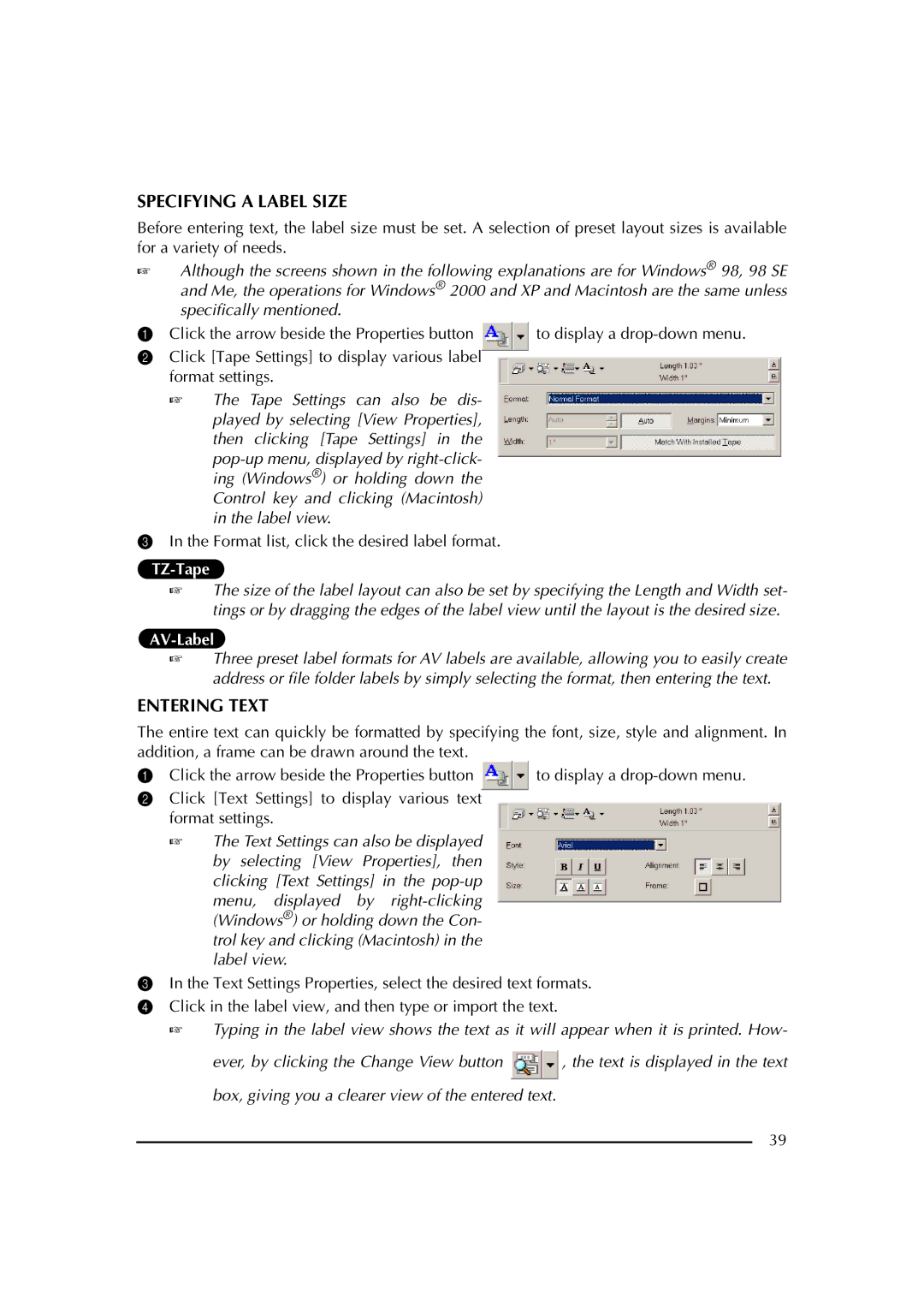 Brother PT-2600 manual Specifying a Label Size, Format list, click the desired label format, To display a drop-down menu 