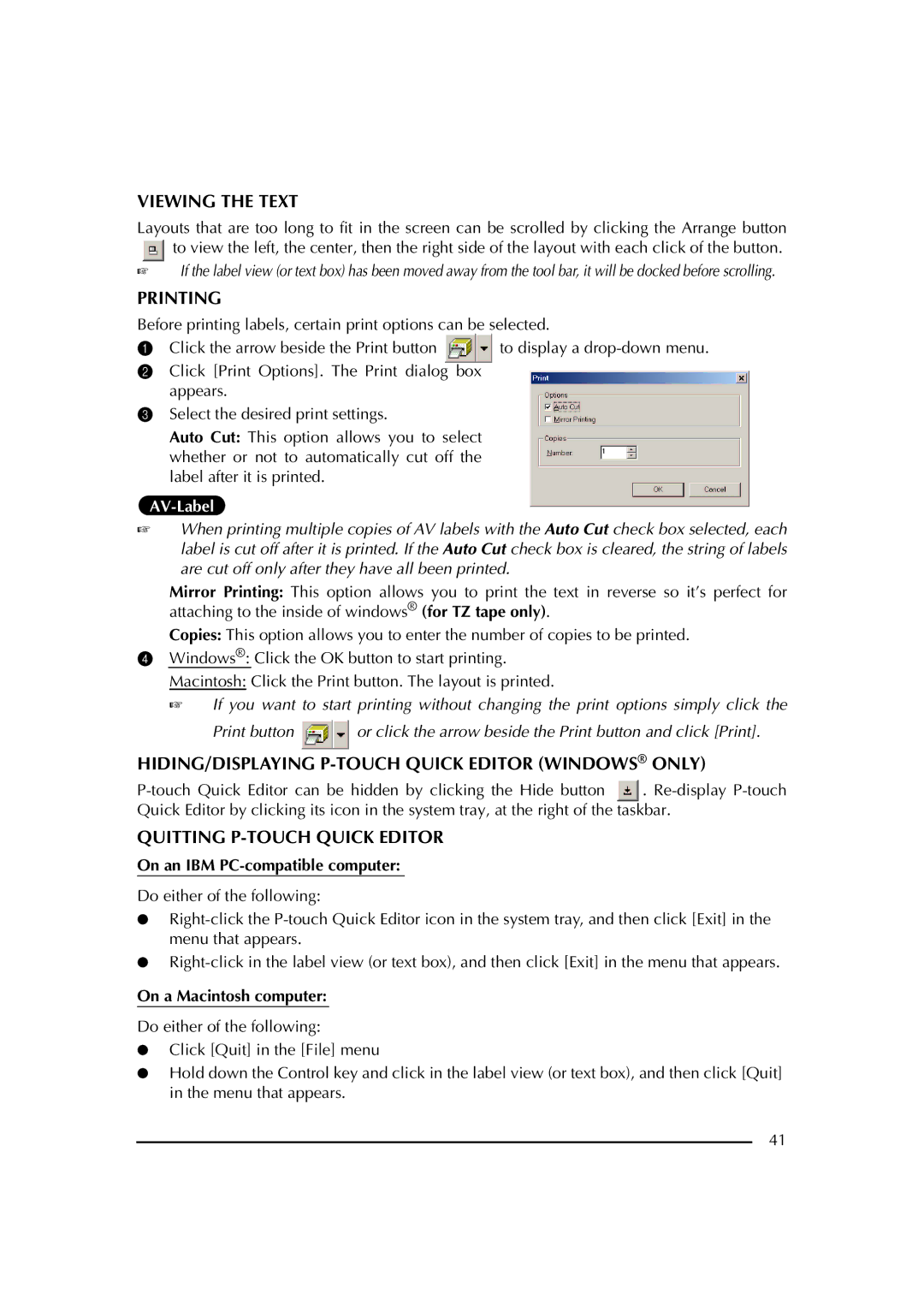 Brother PT-2600 manual Viewing the Text, Printing, HIDING/DISPLAYING P-TOUCH Quick Editor Windows only 