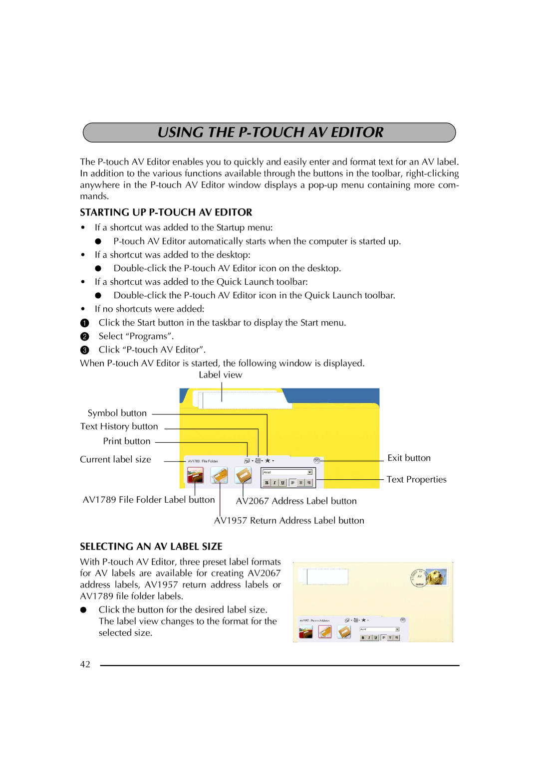 Brother PT-2600 manual Starting UP P-TOUCH AV Editor, Selecting AN AV Label Size 