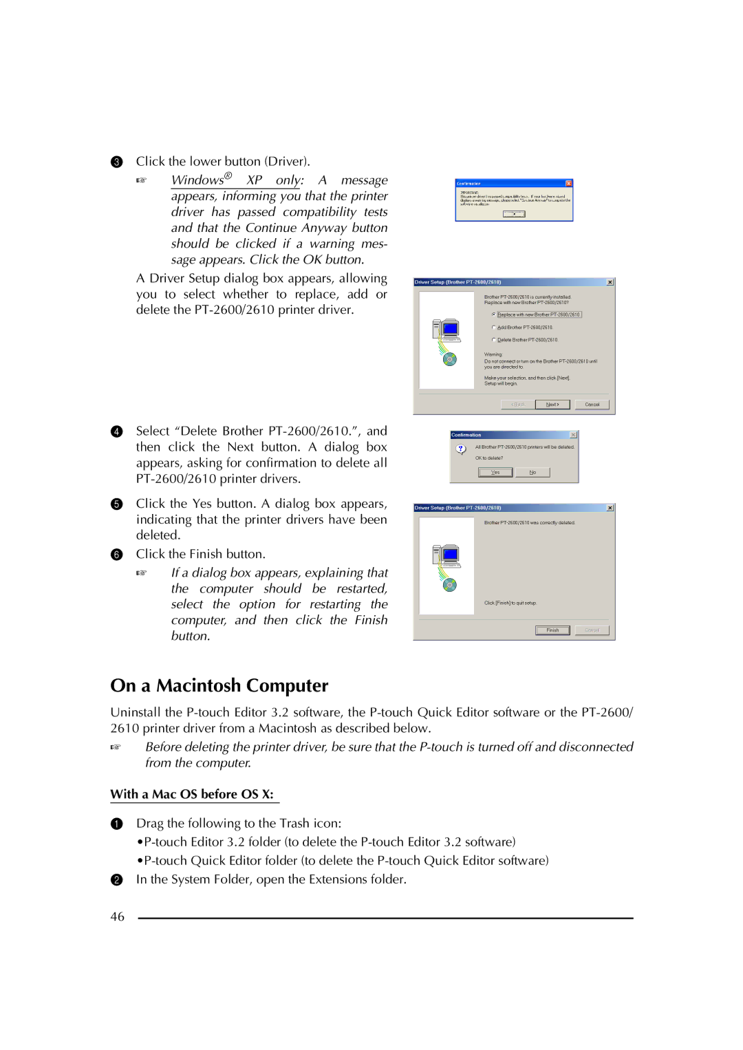 Brother PT-2600 manual Drag the following to the Trash icon, System Folder, open the Extensions folder 