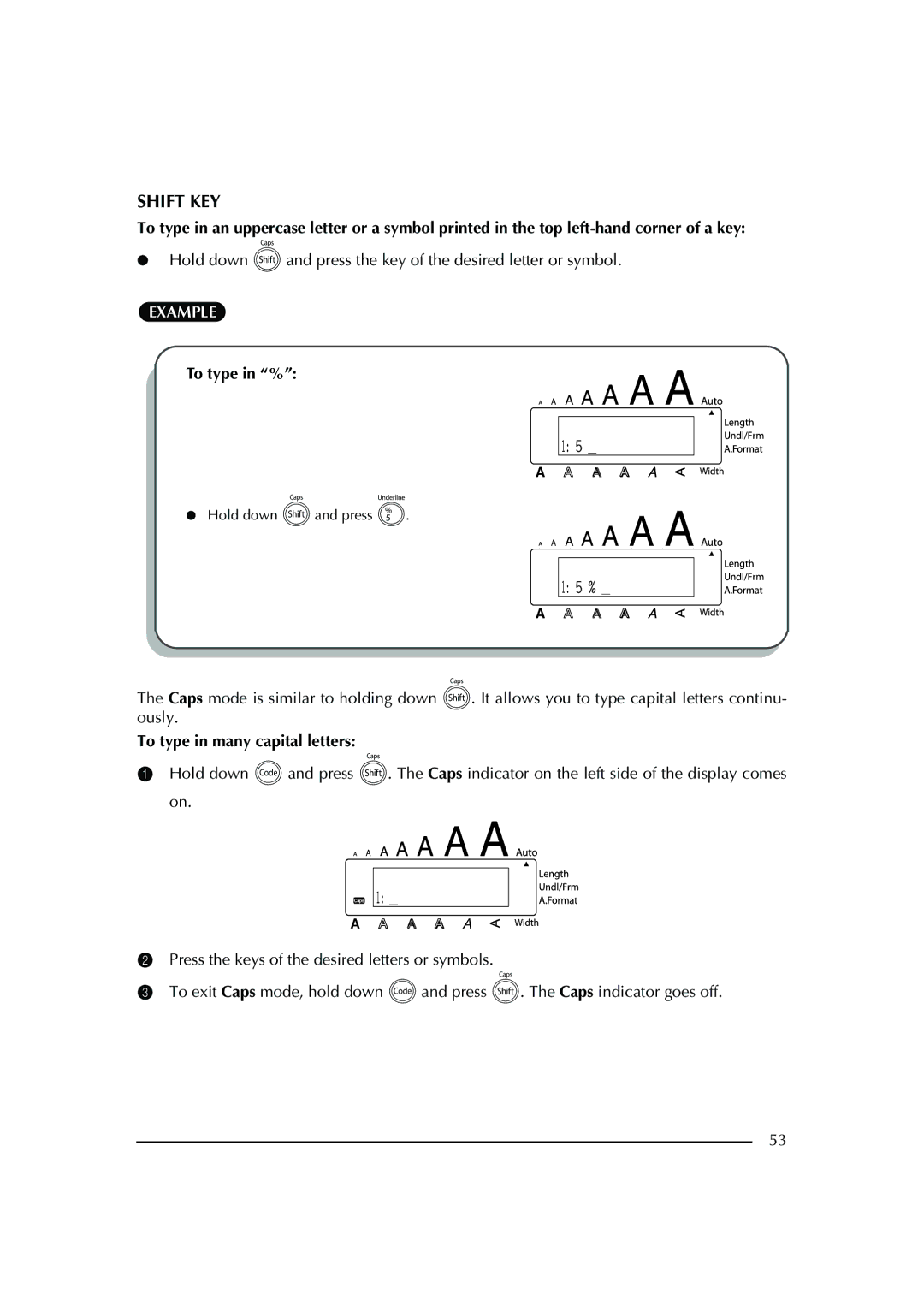 Brother PT-2600 manual Shift KEY, To type in %, To type in many capital letters 