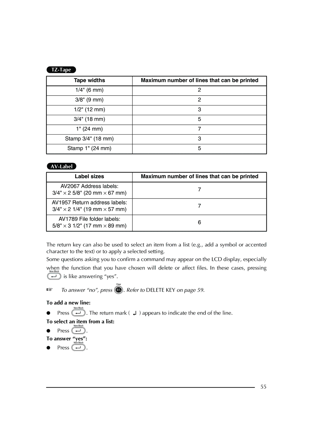 Brother PT-2600 manual To add a new line, To select an item from a list, Press, To answer yes 