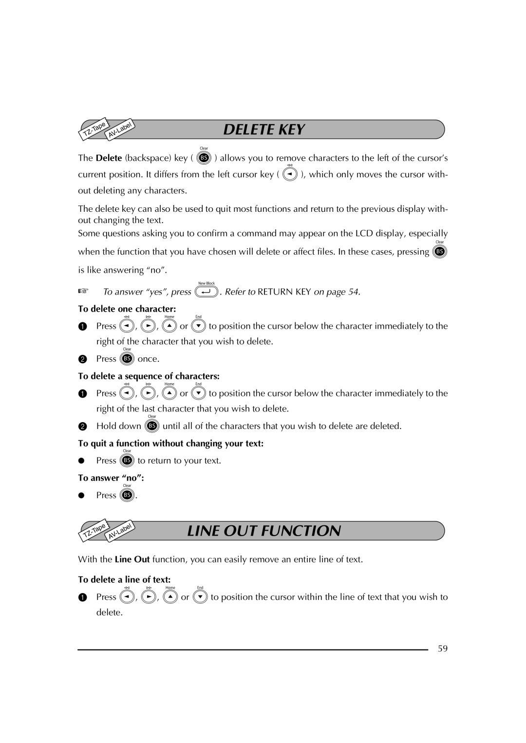 Brother PT-2600 manual Delete KEY, Line OUT Function 