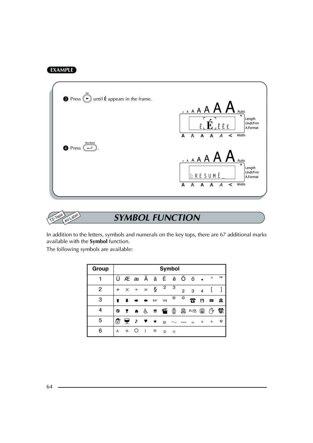 Brother PT-2600 manual Symbol Function 