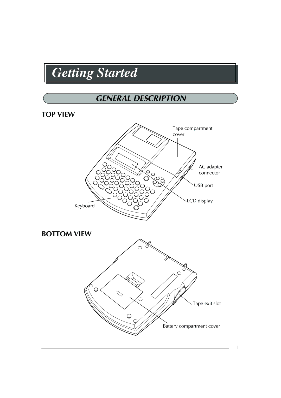 Brother PT-2600 manual General Description, AC adapter connector USB port LCD display Keyboard 