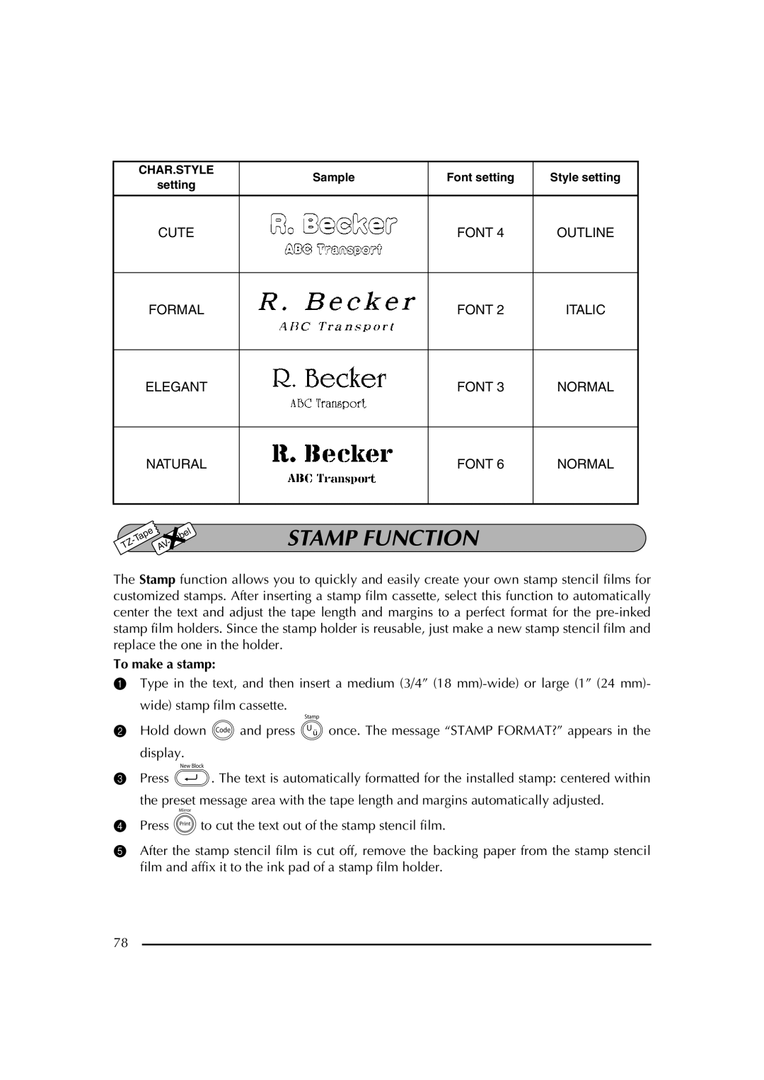 Brother PT-2600 manual Stamp Function, To make a stamp 