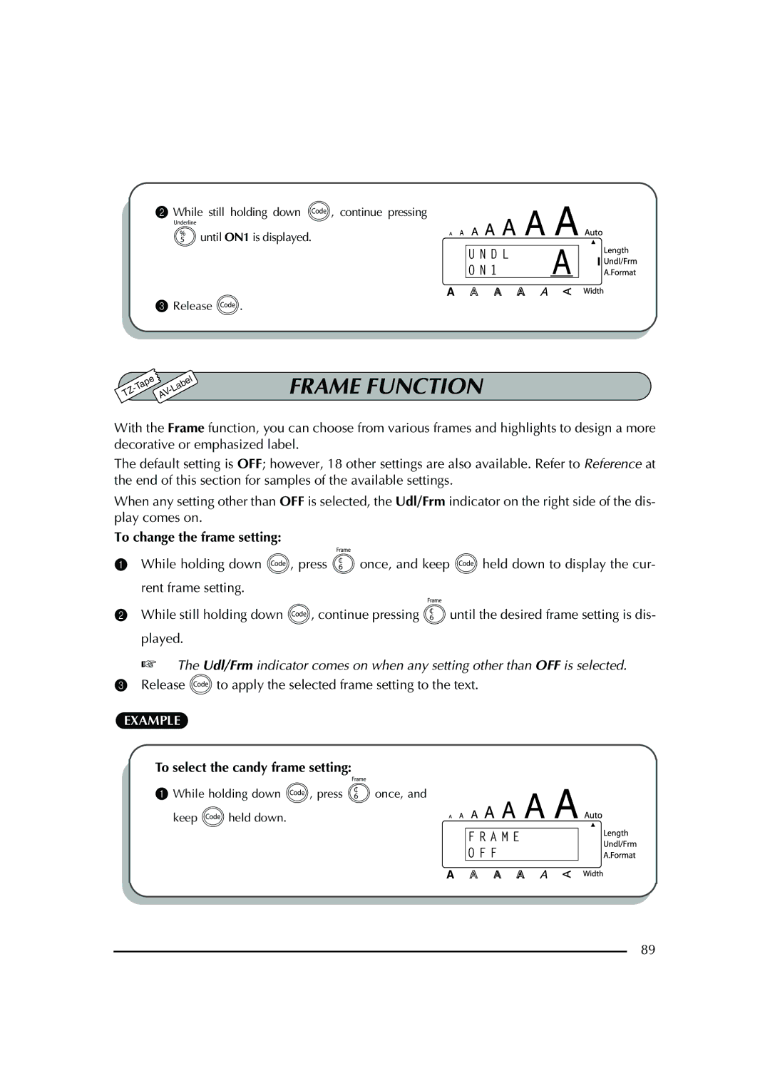 Brother PT-2600 Frame Function, To change the frame setting, Release cto apply the selected frame setting to the text 