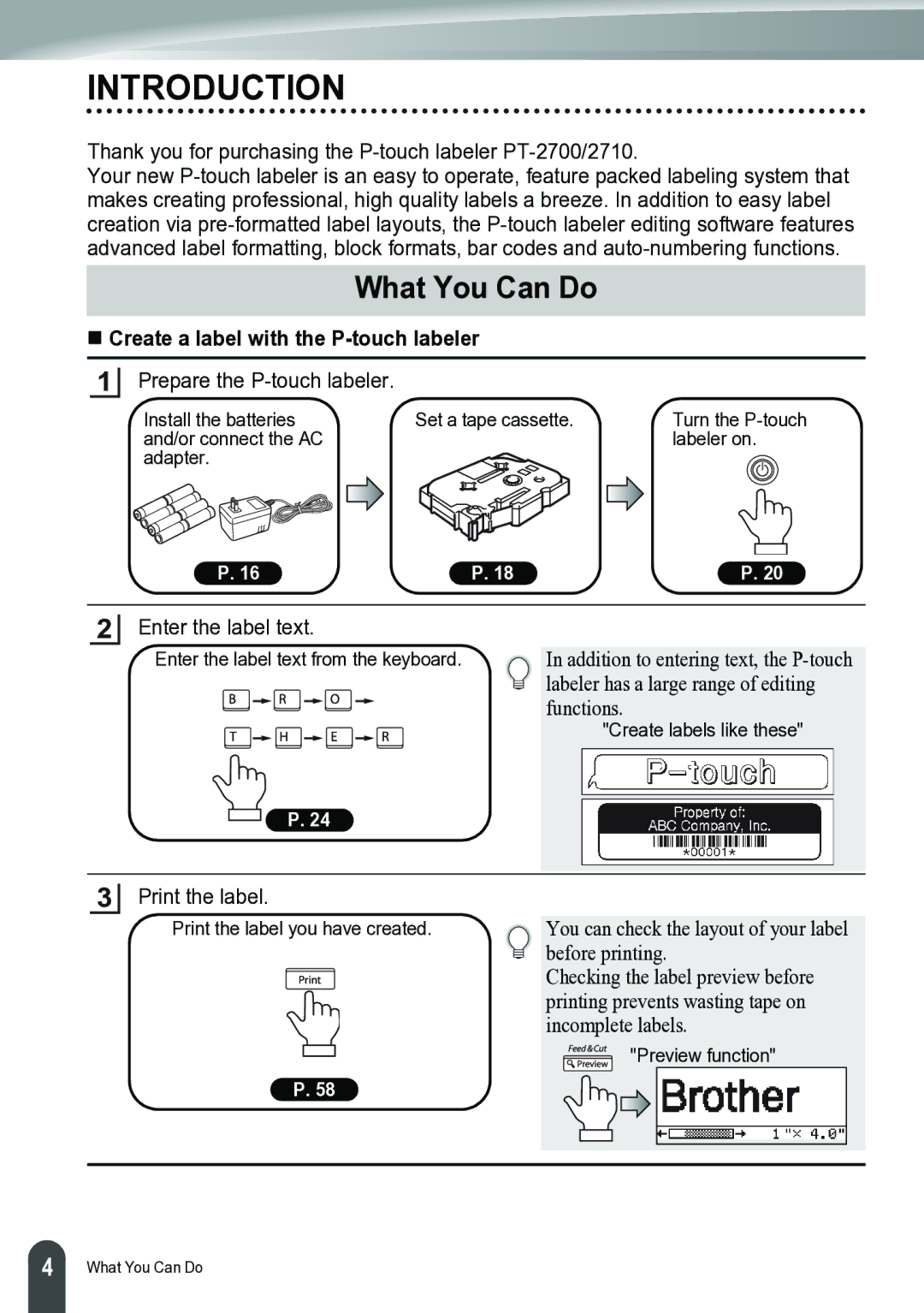 Brother PT-2700 manual Introduction, What You Can Do, „ Create a label with the P-touch labeler 