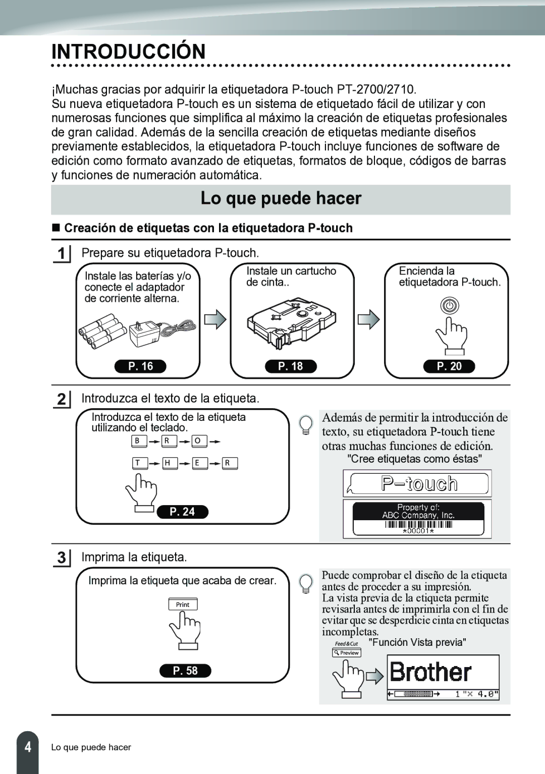 Brother PT-2700 manual Introducción, Lo que puede hacer, „ Creación de etiquetas con la etiquetadora P-touch 