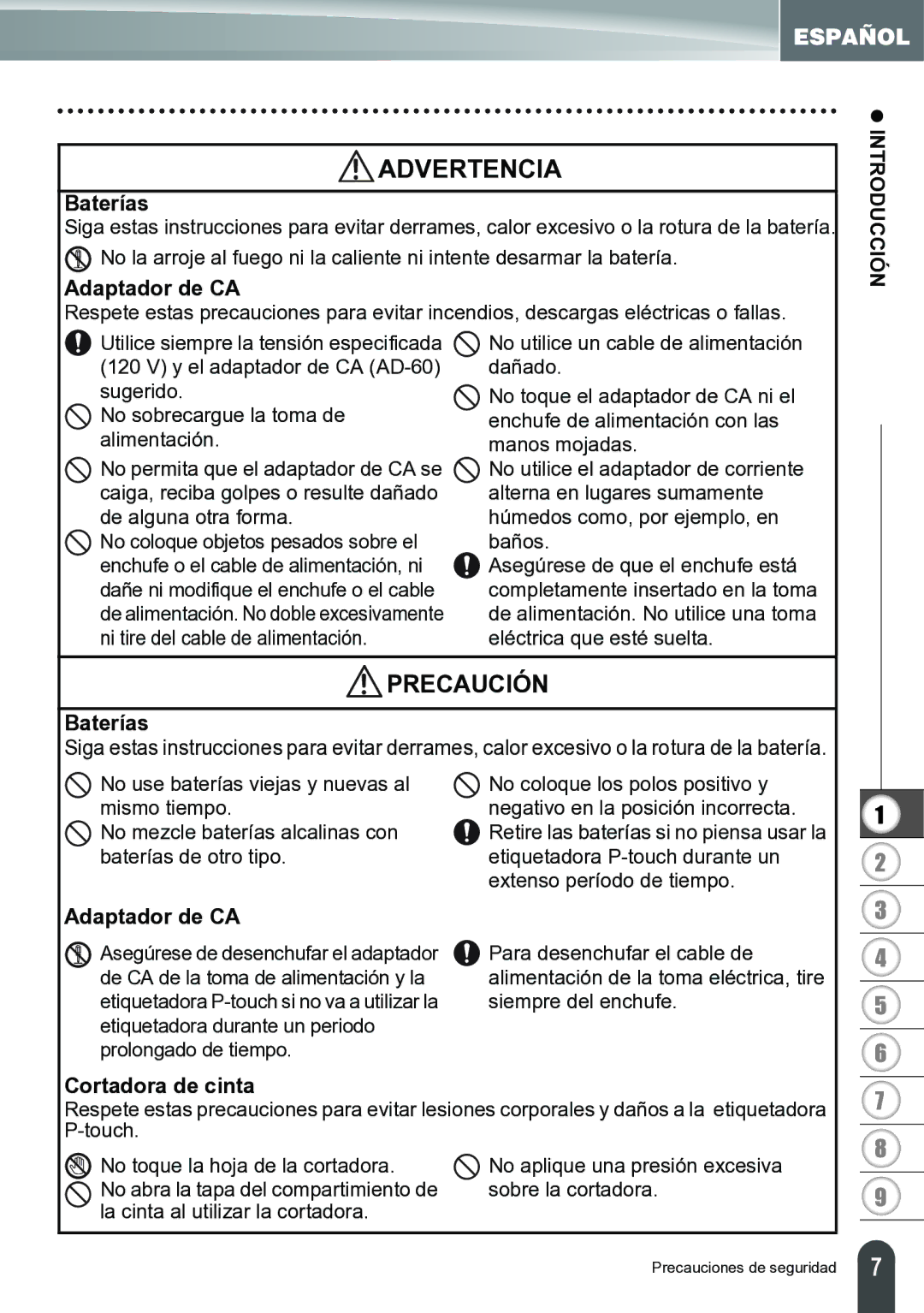 Brother PT-2700 manual Baterías, Adaptador de CA, Cortadora de cinta 