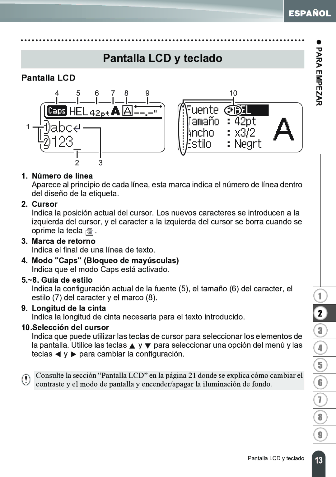 Brother PT-2700 manual Pantalla LCD y teclado 