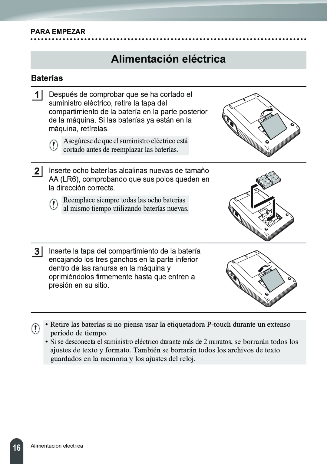 Brother PT-2700 manual Alimentación eléctrica, Baterías 
